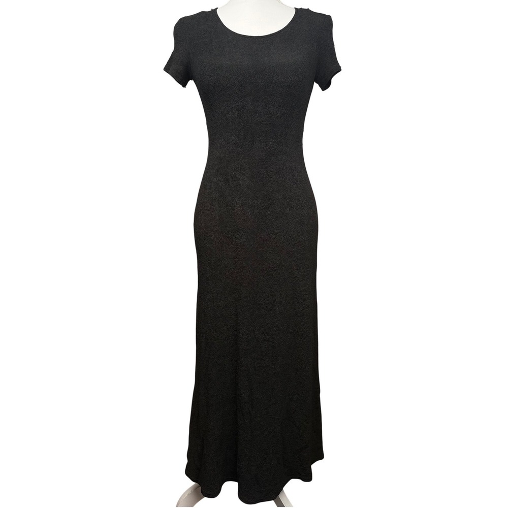 Black Maxi Dress Petite Minimalist Short Sleeve Stretch Column Dress PM